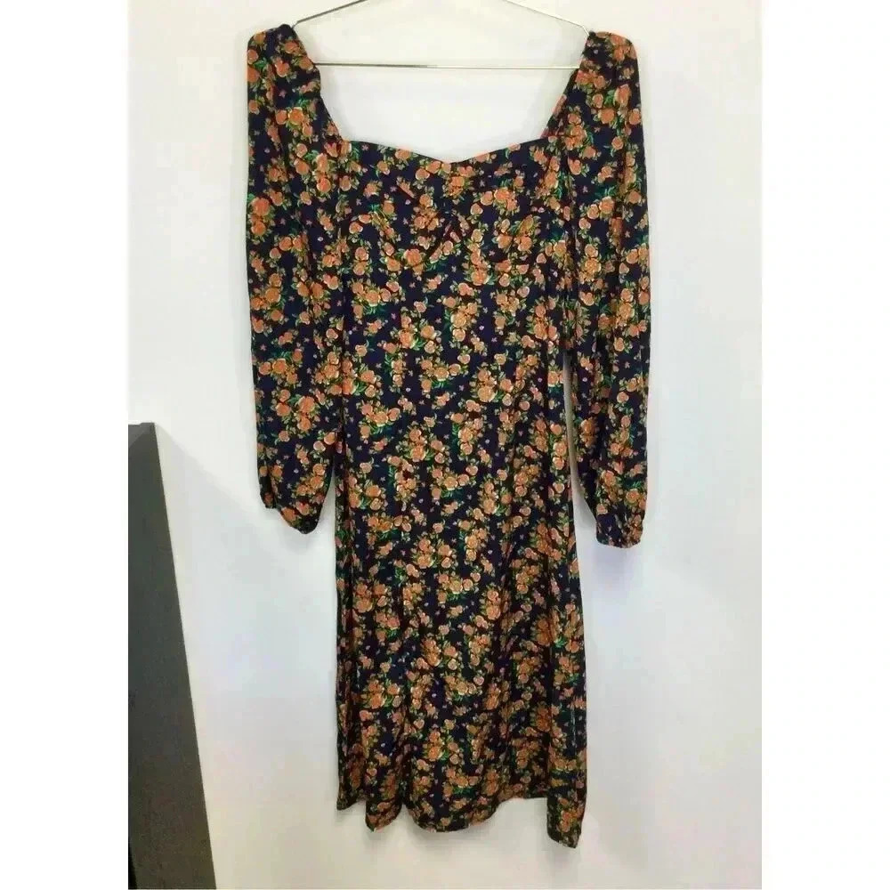 Missguided Womens 0 Milkmaid Midi Dress Navy‎ Blue Orange Floral Long Sleeve NWT